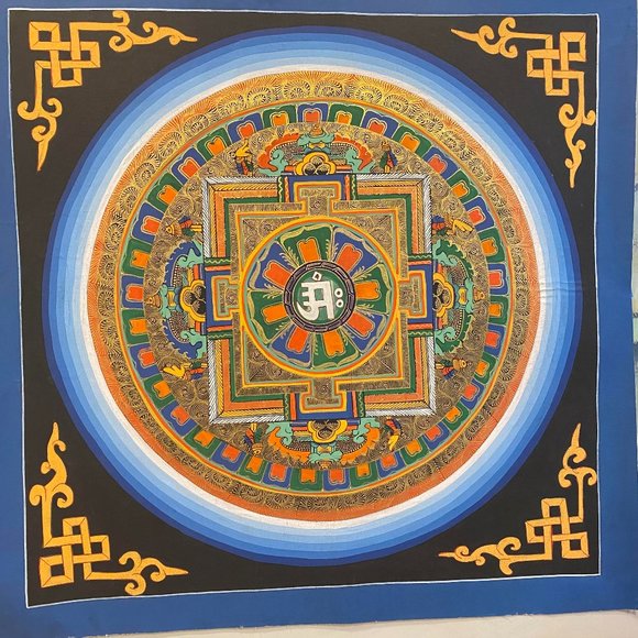 Hand-Painted Rare Auspicious Tibetan Mandala wall Art on Cotton Canvas.